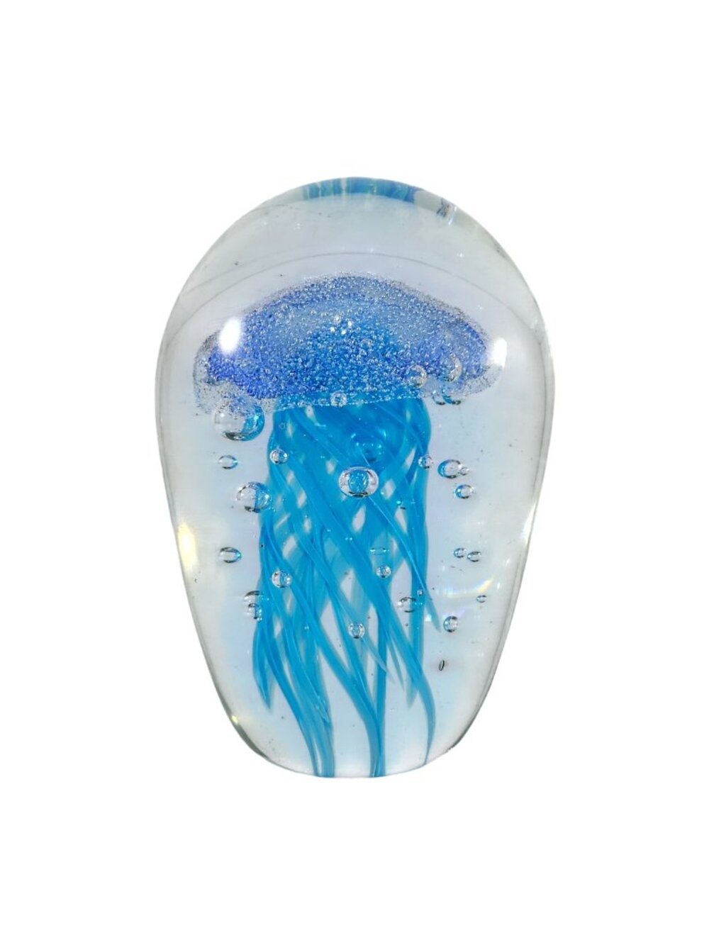Blue Jellyfish Art Glass Paperweight Figurine Bubble Accents Handcrafted 4.5"